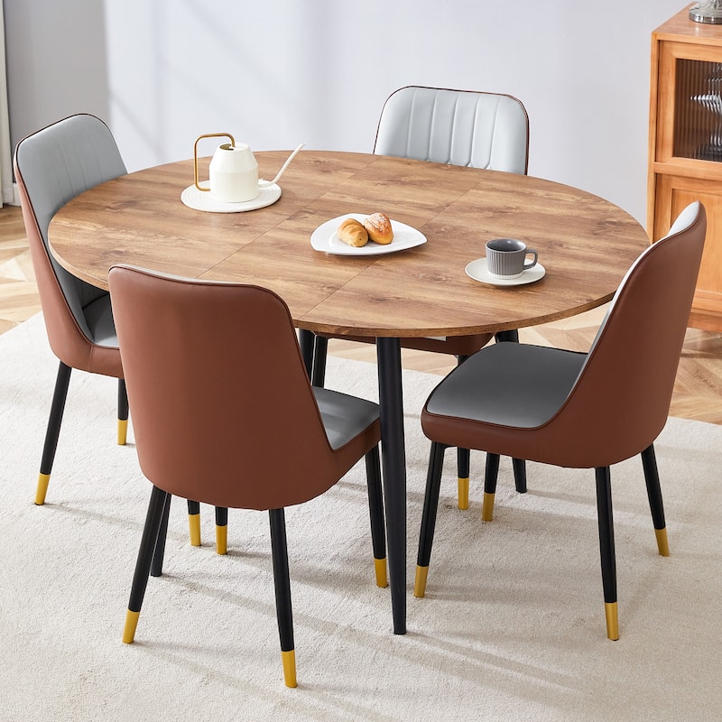 5-Piece Round Dining Set with Extendable Dining Table, Wood Kitchen Table Set with 4 PU Chairs for Dining Room