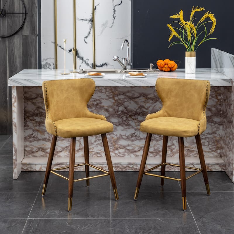 Roundhill Furniture Nevis Mid-century Modern Faux Leather Tufted Nailhead Trim Counter Stool Set of 2 - Yellow