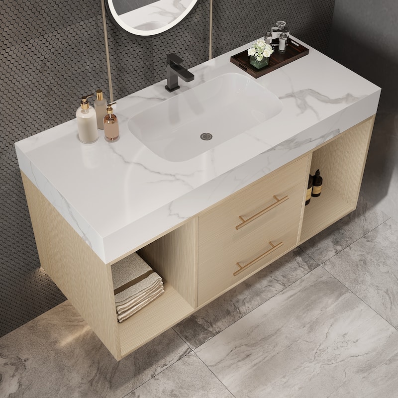 GDFStudio - Modern 39.4" Wall Mounted Floating Sintered Stone Bathroom Vanity with Seamless Ceramic Sink & Soft-Close Drawers