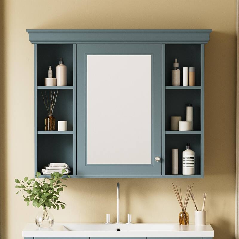 35'' x 28'' Blue Wall Mounted Bathroom Storage Cabinet with Mirror Door