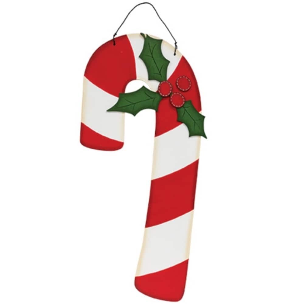 White Red Green Wooden Candy Cane and Holly Hanger with Metal Hook - 8.50 x 0.25 x 18.50 in.