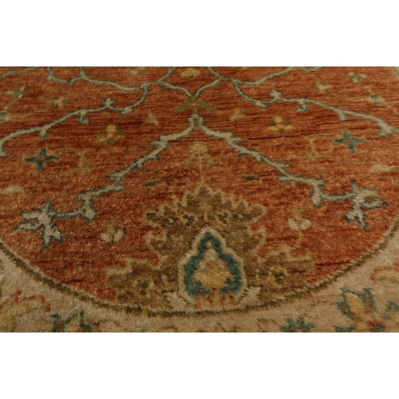 Agra Traditional Botanical Gold Wash Silky Sheen 3'1''x3'1'' Round Hand Knotted New Zealand Wool Burnt Orange Rug