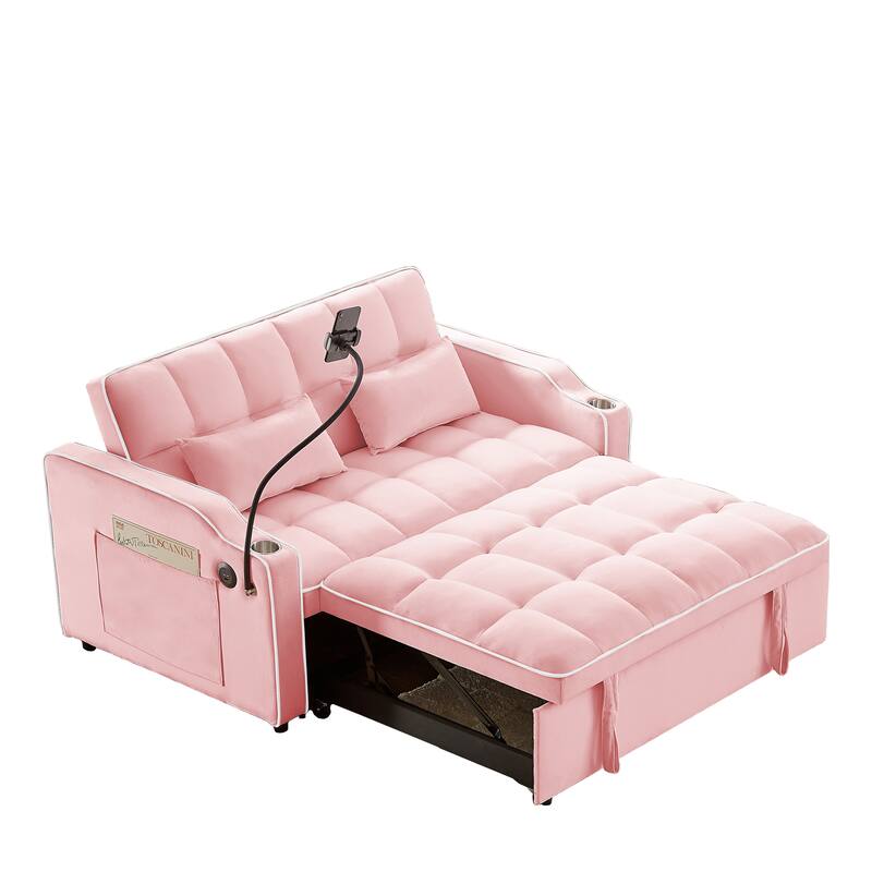 Convertible Sofa Bed with Adjustable Back, USB Charger, and Pillows for Living Room or Office