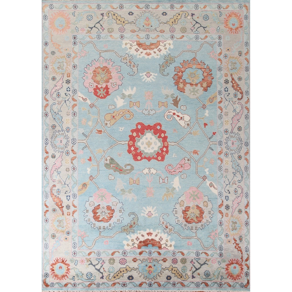 Light Blue Floral Oushak Area Rug Hand-Knotted Oriental Wool Carpet - 8'11"x 11'10"