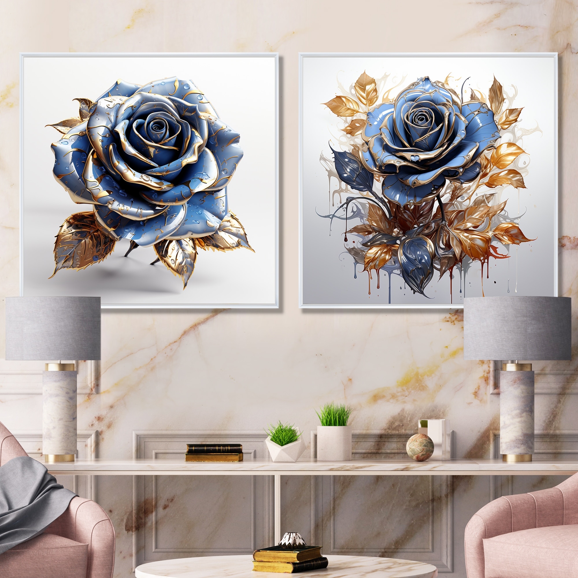 Designart "Glass Gold And Blue Rose I" Rose Framed Art Set Of 2 - Traditional Wall Art Set Blue Wall Decor 2 Pieces