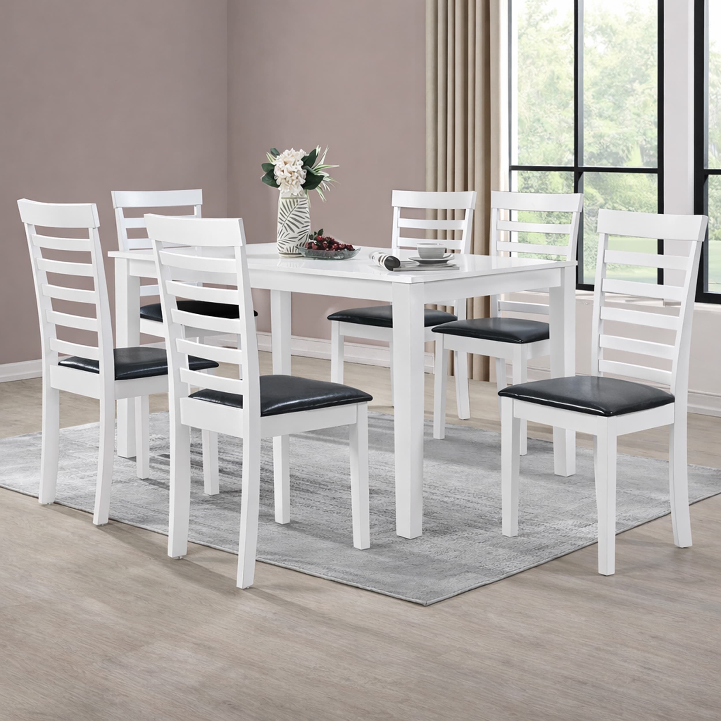 Traditional 7-Piece 59 Inch Rectangular Dining Set, White Finish with Black PU Leather Upholstered Chairs, Solid Rubberwood