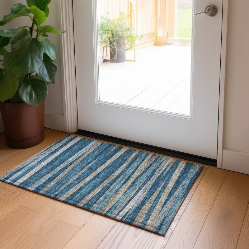 Machine Washable Indoor/ Outdoor Modern Stripes Chantille Rug - Denim - 1'8" x 2'6"