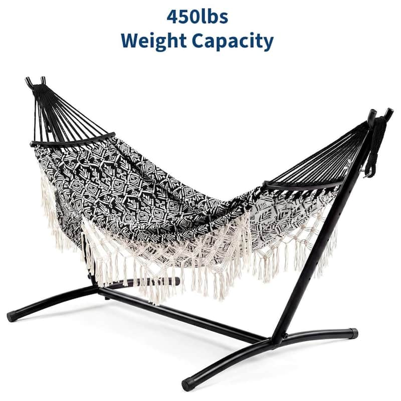 450 LBS Capacity Portable Double Hammock with Stand for Outdoor Patio Backyard Poolside - Black+White - Black+White