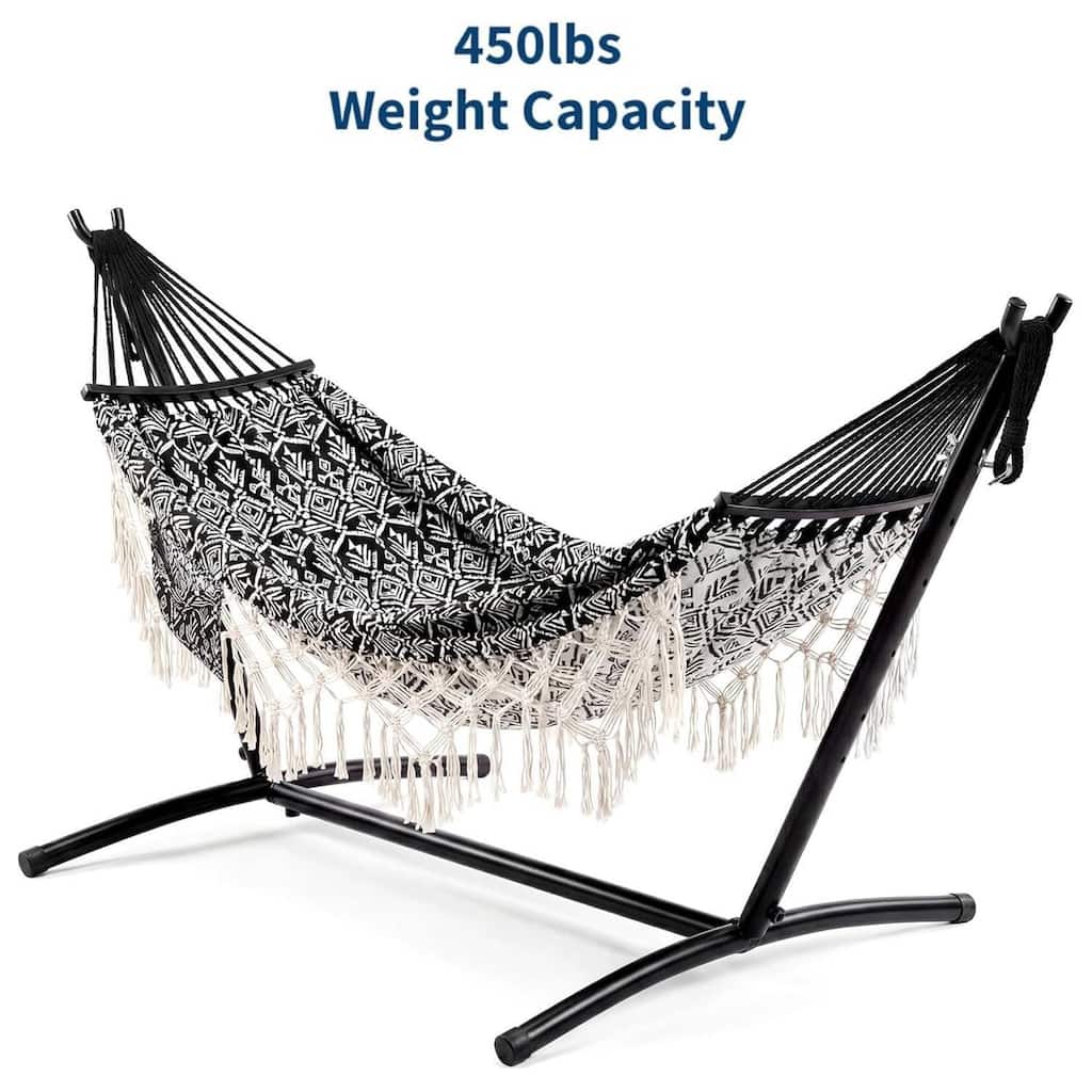 450 LBS Capacity Portable Double Hammock with Stand for Outdoor Patio Backyard Poolside - Black+White