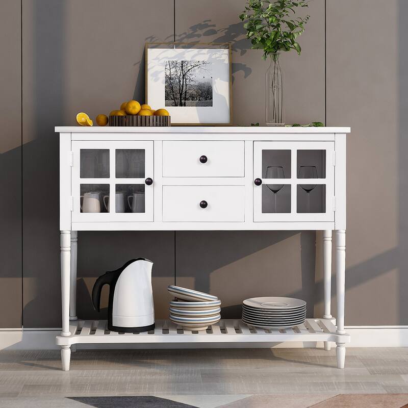 Sideboard Console Table with Bottom Shelf, Wood/Glass Buffet Storage Cabinet