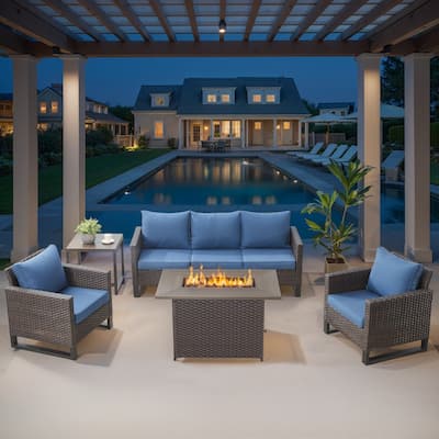 Outdoor Sofa Chairs with Fire Table Brwon-Blue - Brown
