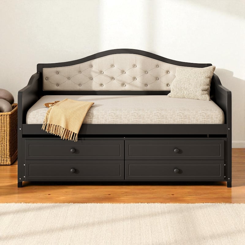Twin Daybed with Trundle and 2 Storage Drawers, Upholstered Button Tufted Sofa Bed with Solid Wood Frame - Black - Twin