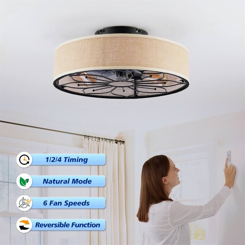 20" Lotus Design Fabric Farmhouse Bladeless Ceiling Fan w/ Remote Contro, NOT Included Bulbs
