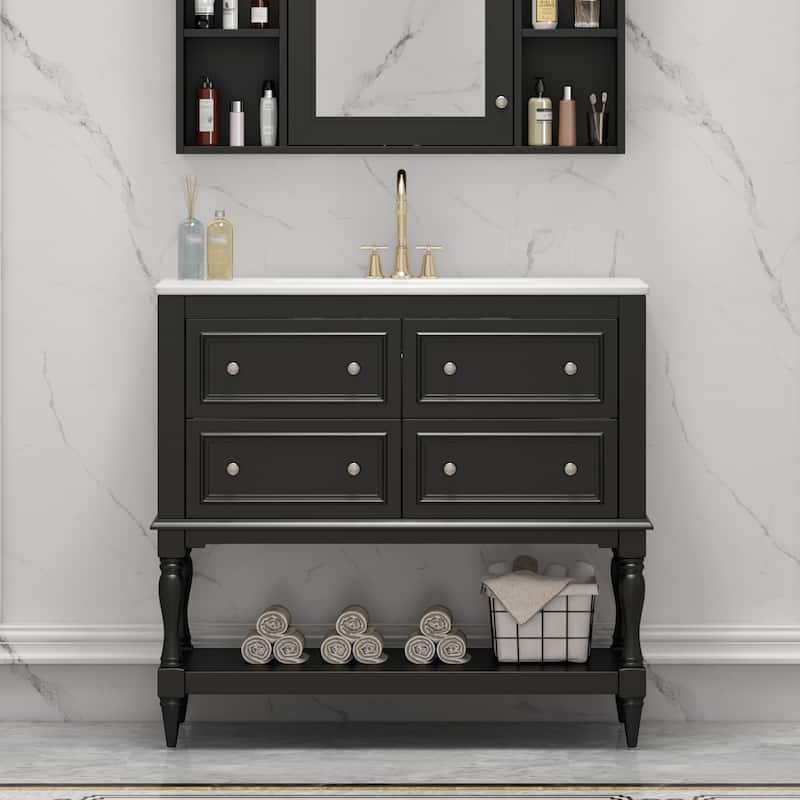 36" Freestanding Bathroom Vanity with White Integrated Ceramic Sink - 36'' x 18'' x 34'' - Black