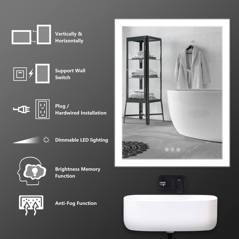 LED Bathroom Vanity Mirror Wall Mounted Dimmable Anti-Fog Mirror with 3 Buttons Vertical & Horizontal Hang
