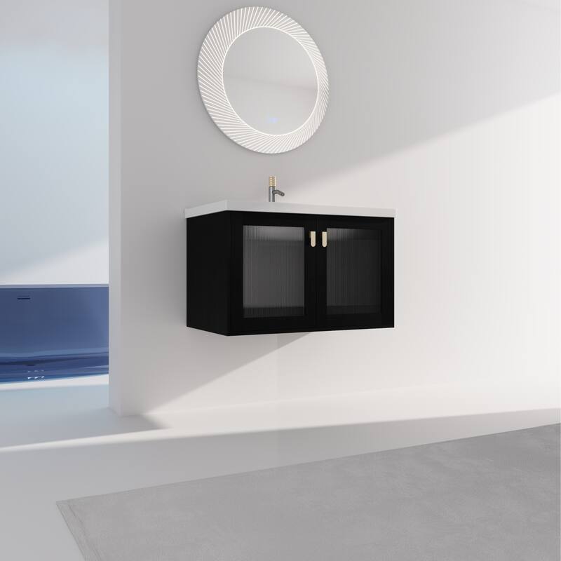 Wall-Mounted Bathroom Vanity with Ceramic Sink, Soft-Closing Doors, and Metal Handles, Black Chestnut Finish - 31.9in L Plywood