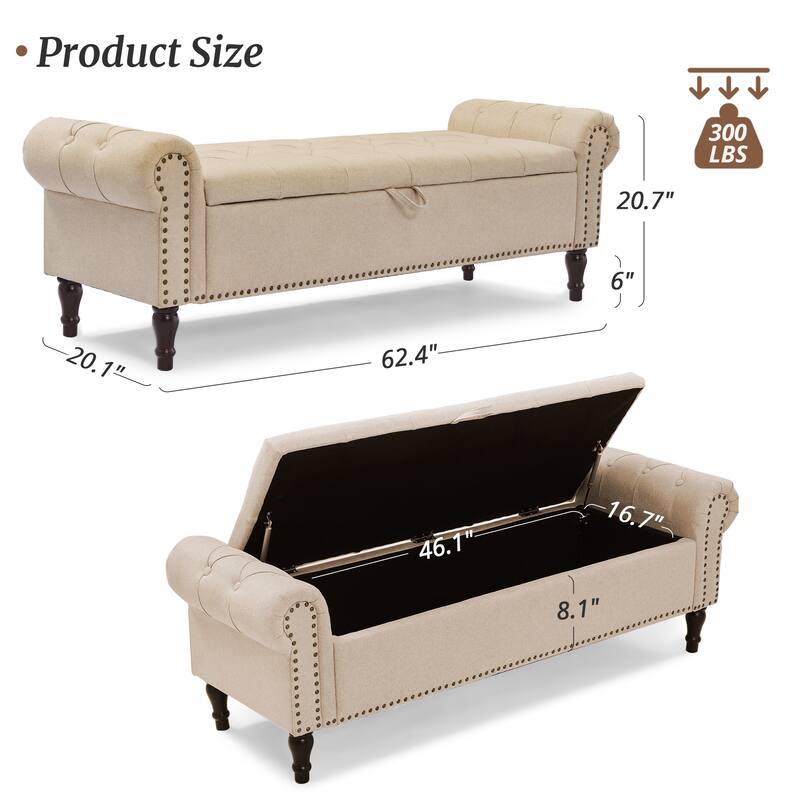 Modern Velvet Upholstered Storage Bench with Silver Nailhead Trim