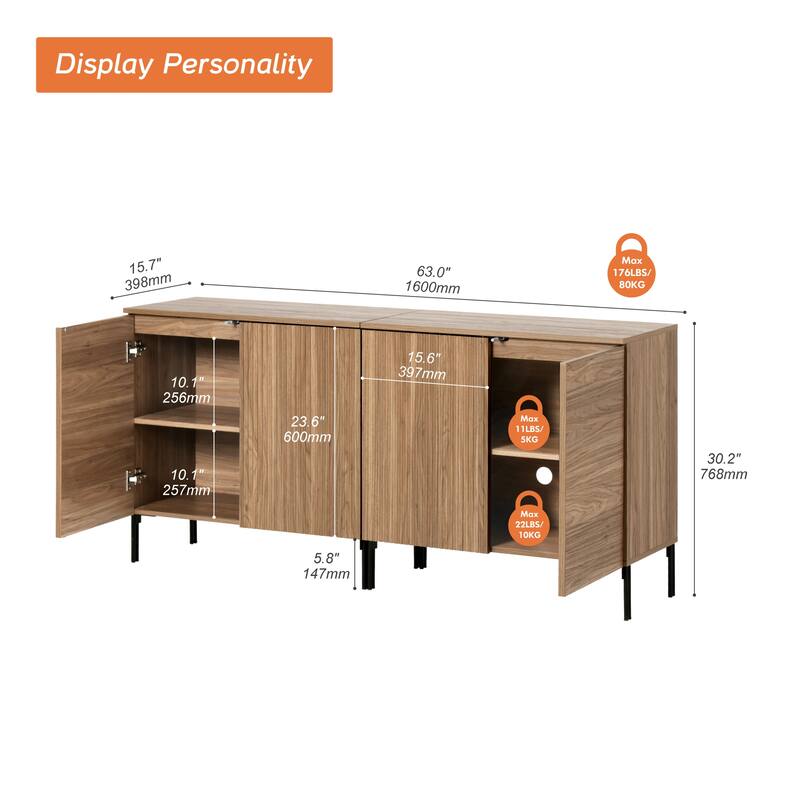 31.5" Wooden Reeded Sideboard With 2 Doors, Modern Credenza Storage Cabinet