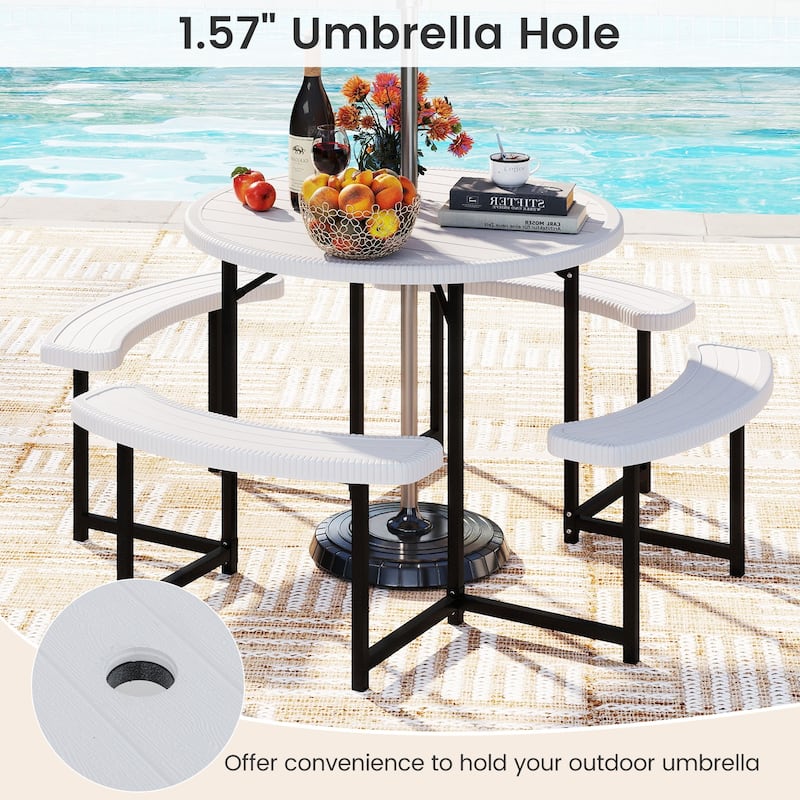 HDPE Round Picnic Table Set with 4 Benches and Umbrella Hole Perfect for Patio or Balcony