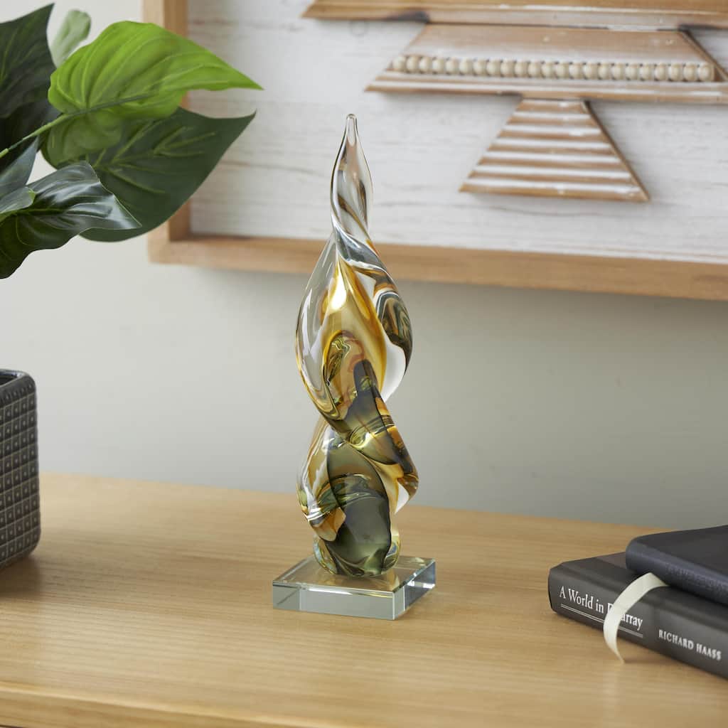 Clear Glass Twisted Abstract Decorative Sculpture with Green Accents