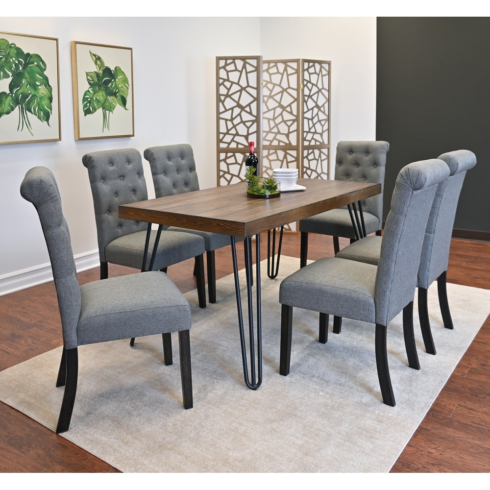 Modern 7-Piece Dining Set with Rectangular Hairpin Table & 6 Upholstered Chairs