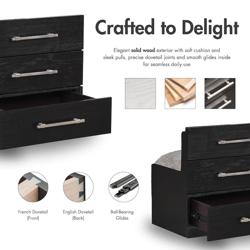 Furniture of America Alaric Modern Black Solid Wood 3-Piece Bedroom Set with 32-inch Makeup Vanity and Nightstand