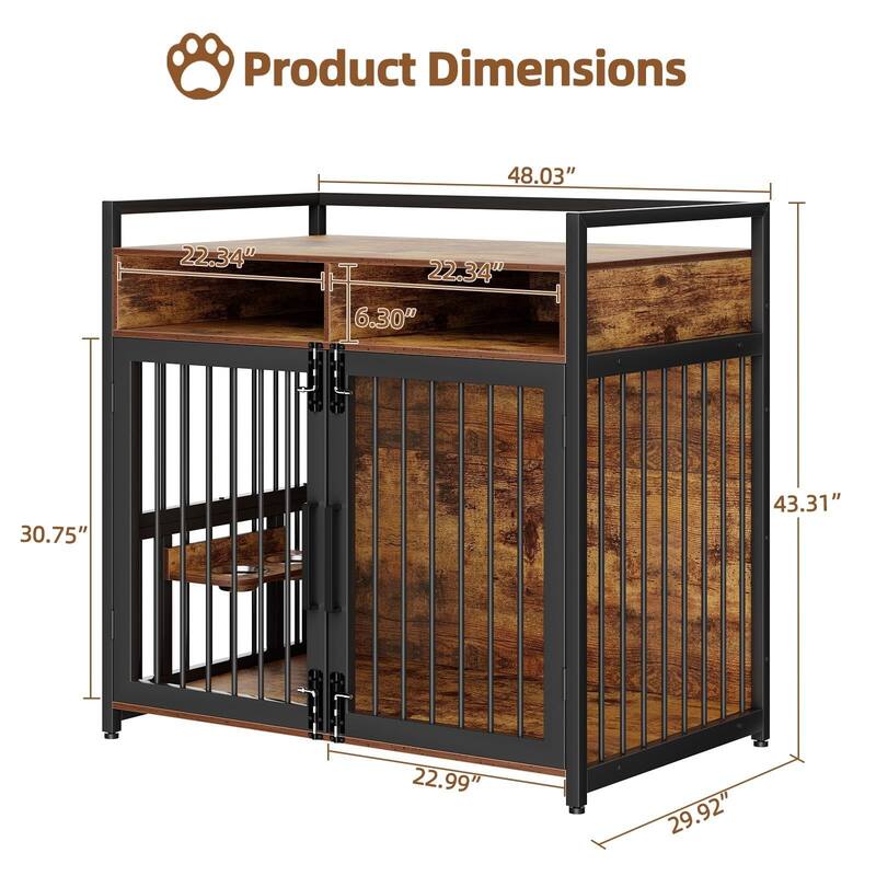 Heavy Duty Dog Crate Furniture, with Double Doors & Storage