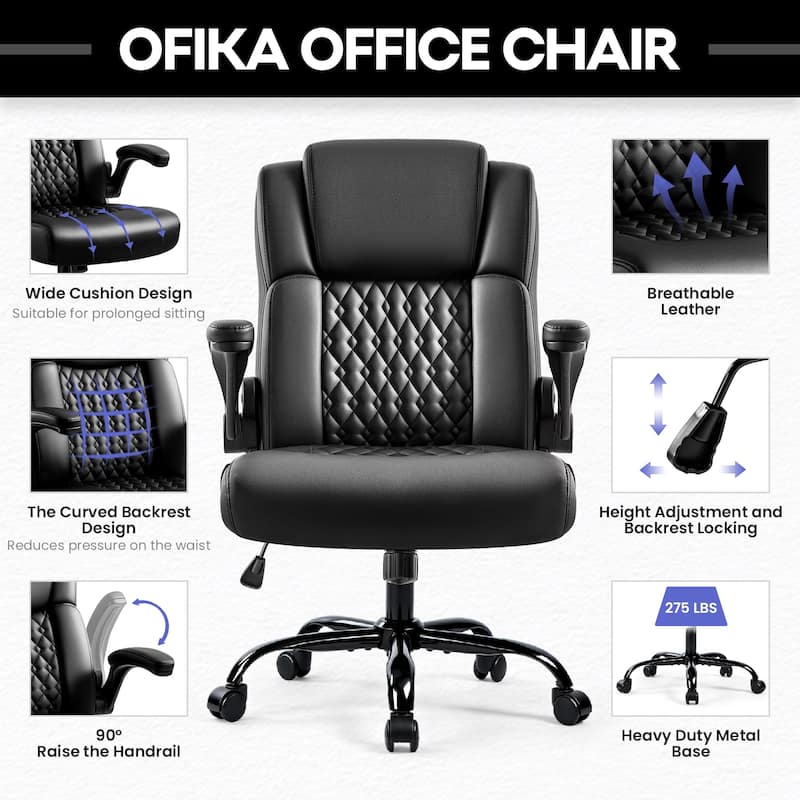 BOSSIN Office Chair, Ergonomic High-Back PU Leather Desk Chair with Adjustable Armrests & 360-Swivel for Petite Users, Black