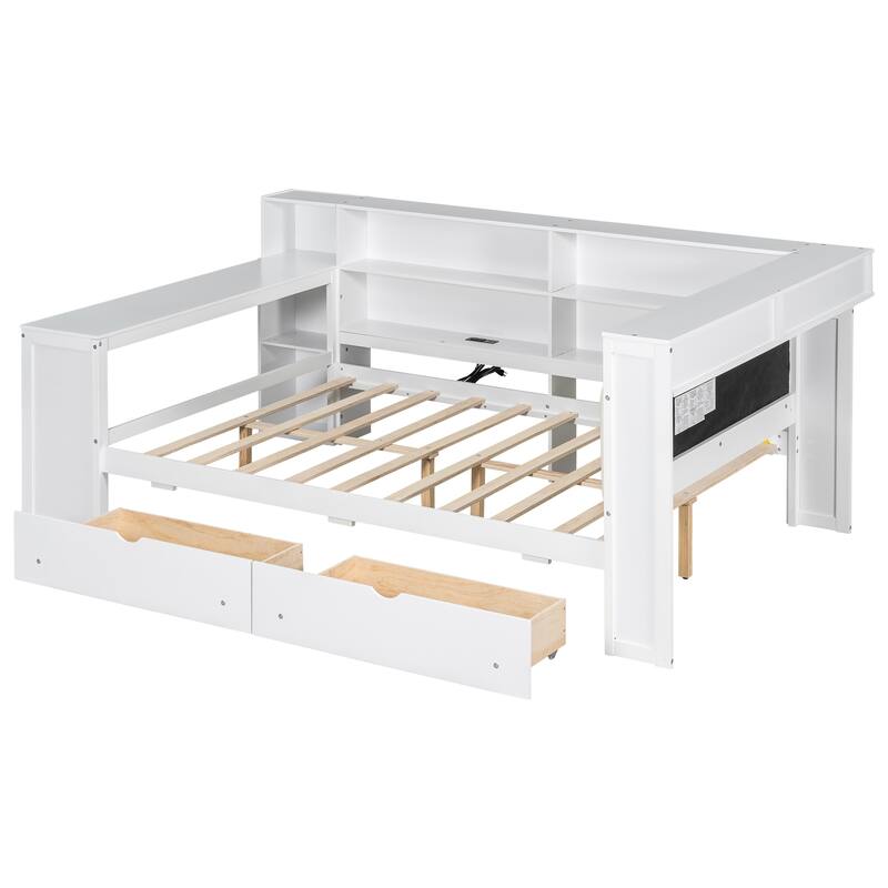 Full Size Bed with LED Desk Charging Station Storage Shelves Upholstered Headboard