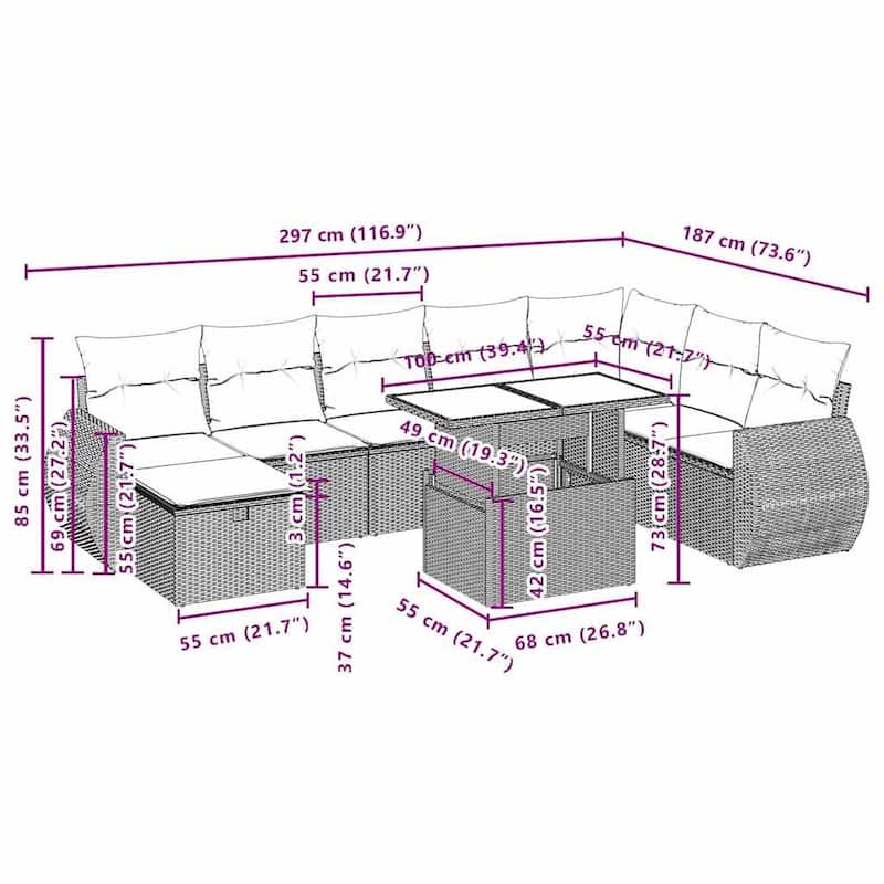 vidaXL Patio Sofa Set with Cushions Sectional Couches 9 Piece Poly Rattan - 24.4 x 24.4 x 27.2