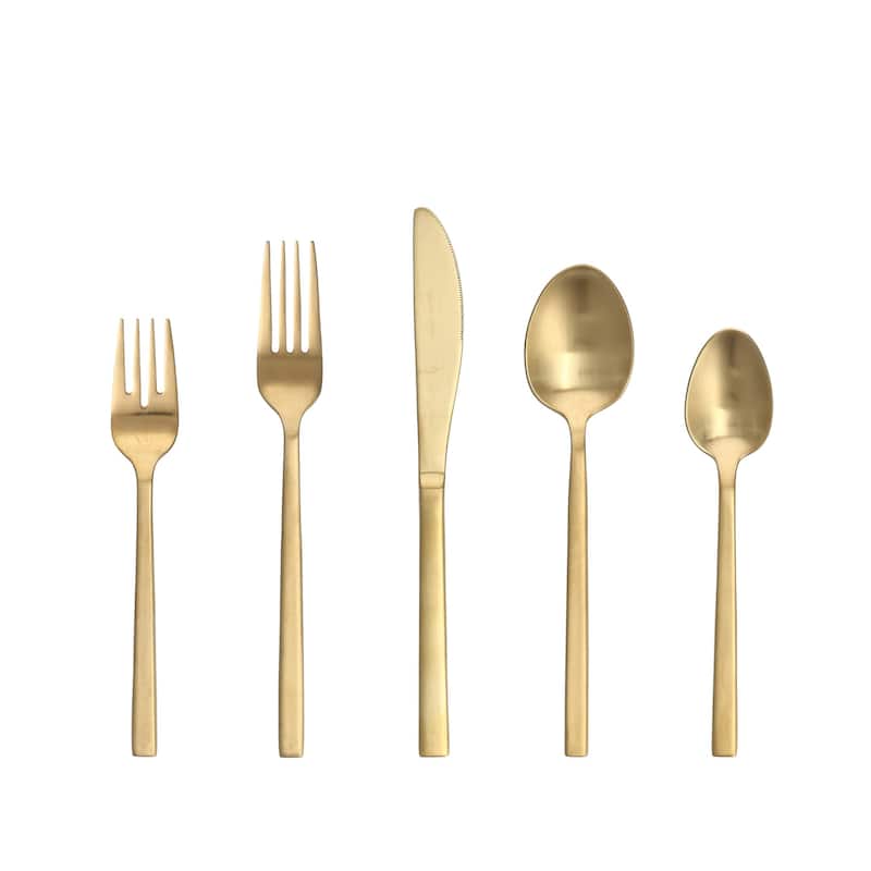 Fortessa Arezzo 18/10 Stainless Steel, 5PC Flatware Set (Service for 1), Silver - 5 Piece Set - Brushed Gold - Service for 1