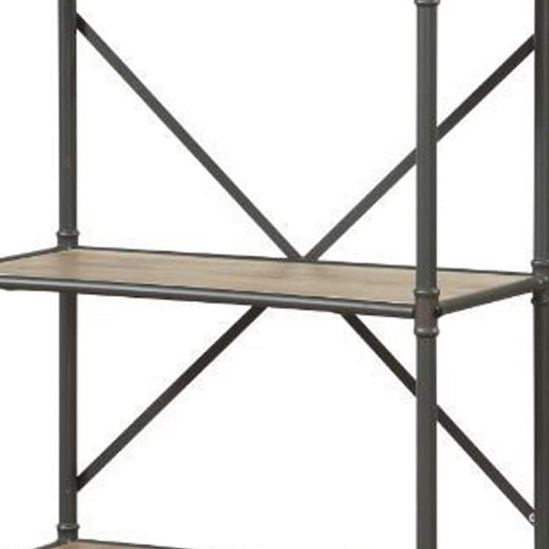 Five-Tier Metal Bookshelf With Wooden Shelves, Oak Brown & Gray
