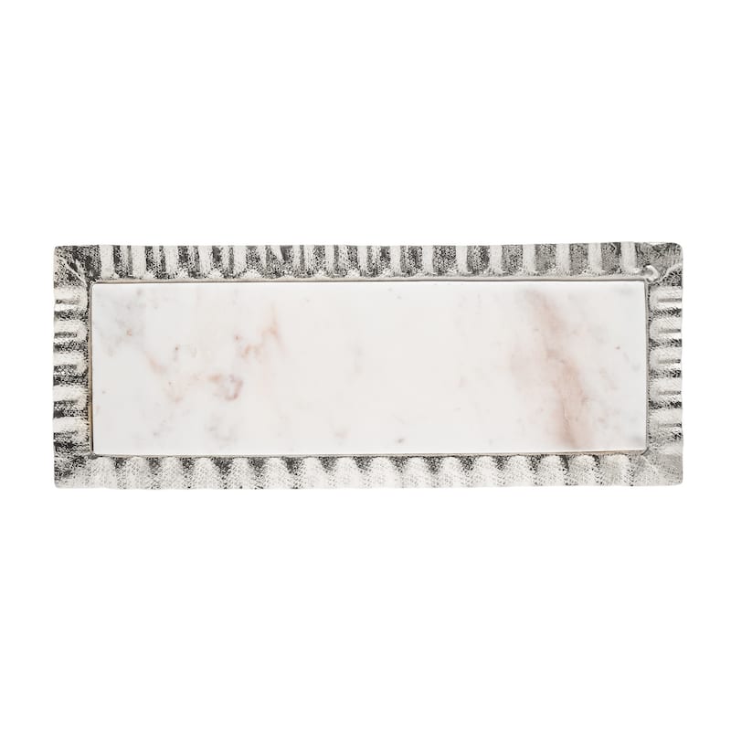 HomeRoots 18" White and Silver Rectangular Marble Serving Tray