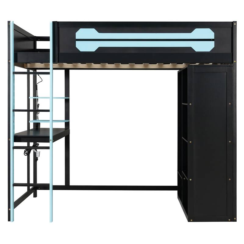 Roomfitters Full Gaming Loft Bed with Desk, Open Wardrobe, RGB LED and USB Ports, Space Saving Sleeper