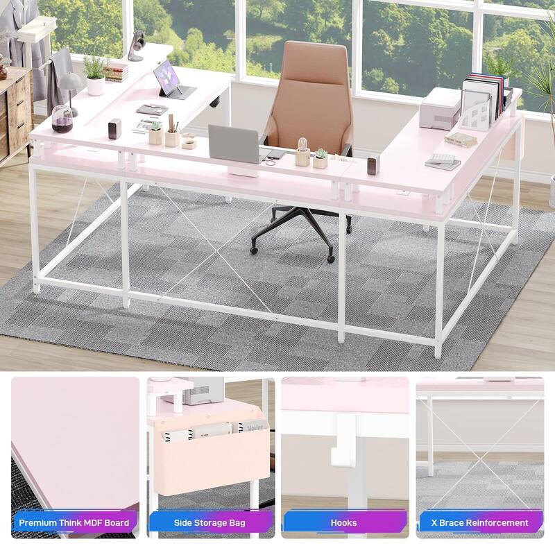 U Shaped Desk, 126 Inch Gaming Desk with Monitor Stand and LED Lights