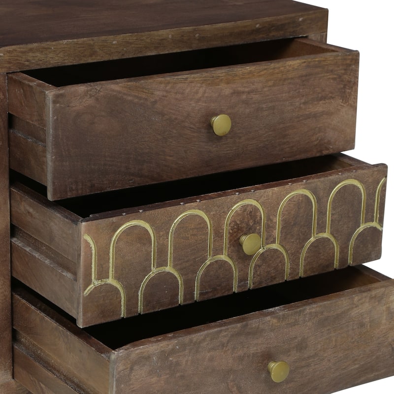 Contemporary Mango Wood Nightstand, Mid-Century Modern Design, Gold Accents, Durable Iron Frame, 3 Drawers