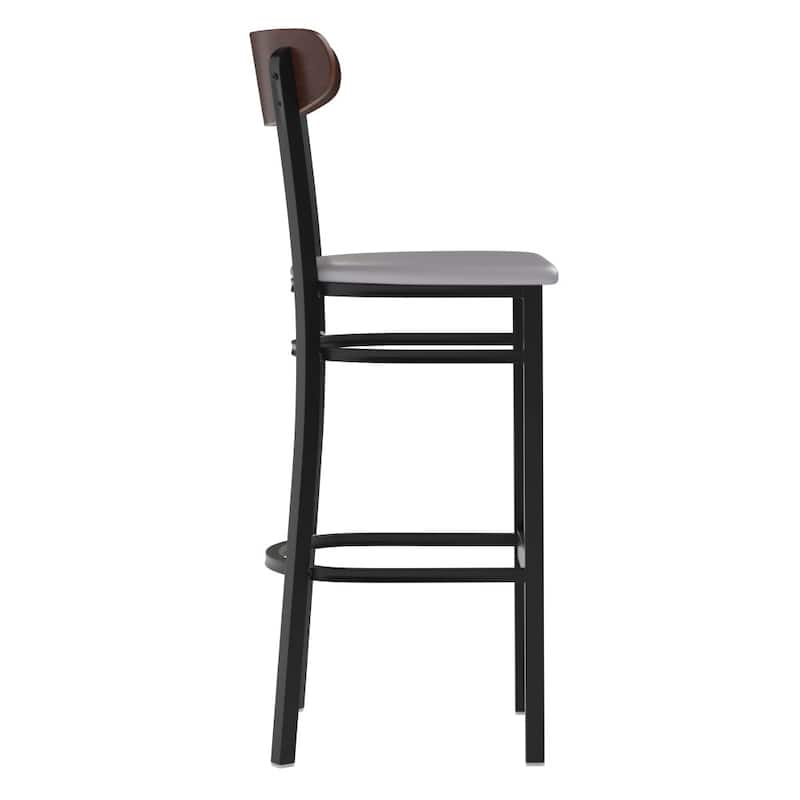 Commercial Metal Barstool with Wood Seat and Boomerang Back