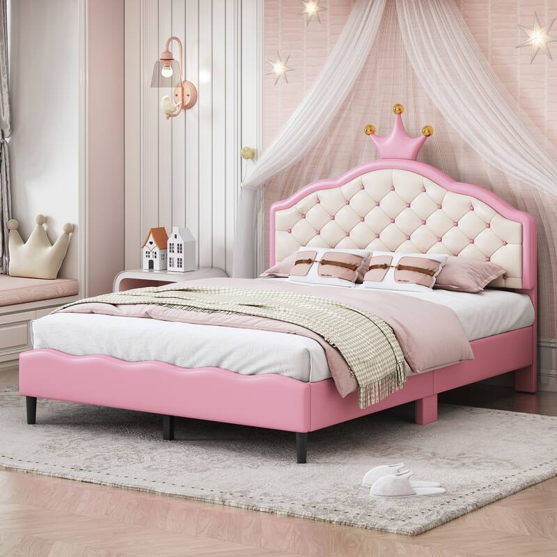 Full Size Pink Princess Bed with Crown-Shaped Tufted Headboard, PU Leather Upholstered MDF and Metal Frame