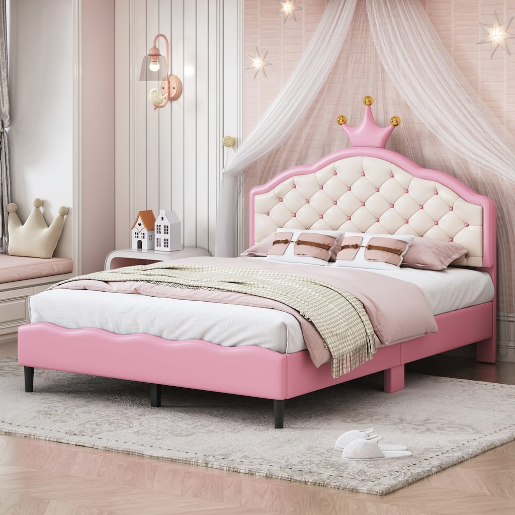 Full size Wood Lovely Crown Fantasy Princess Bed with Tufted Headboard