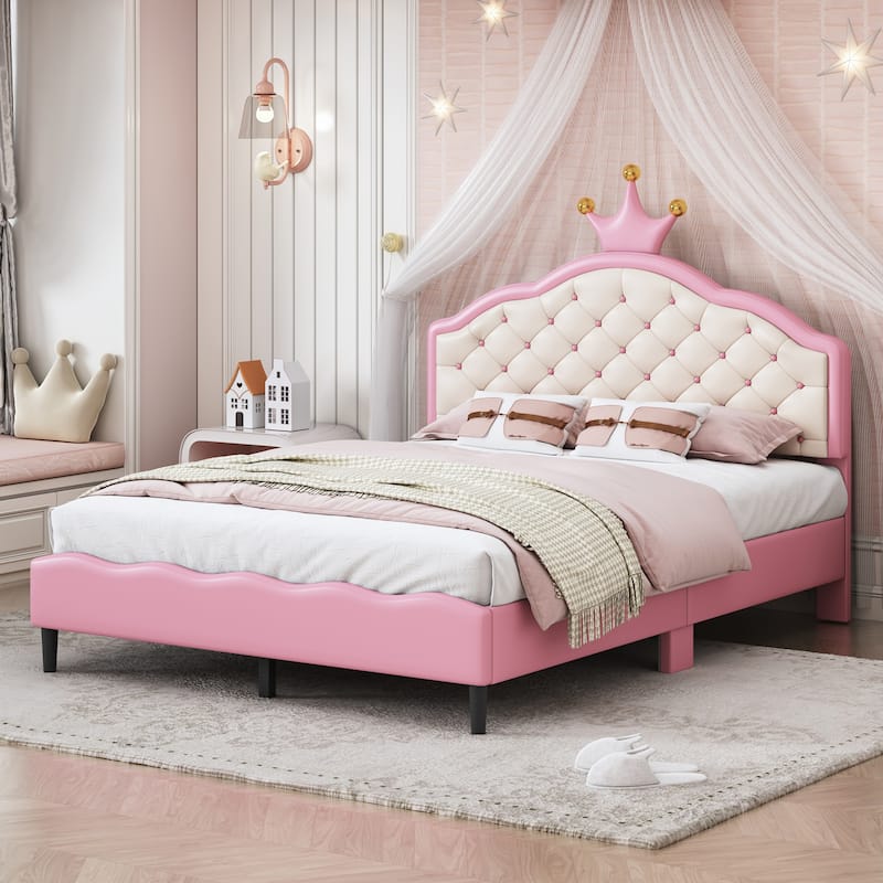 Pink and Cream Princess Bed with Crown Shaped Headboard Tufted PU Leather Upholstery for Girls - Pink - Full