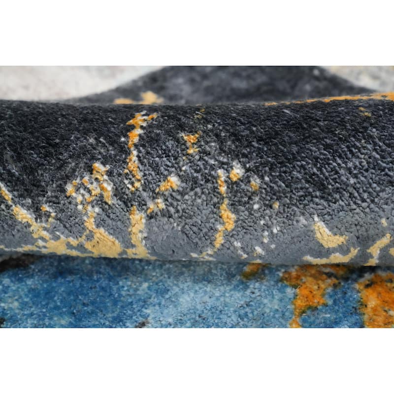 Hand Knotted Oriental Viscose Silk Carpet Modern Pictorial Navy Blue & Blues Abstract Area Rug - 7' 8'' X 5' 8''