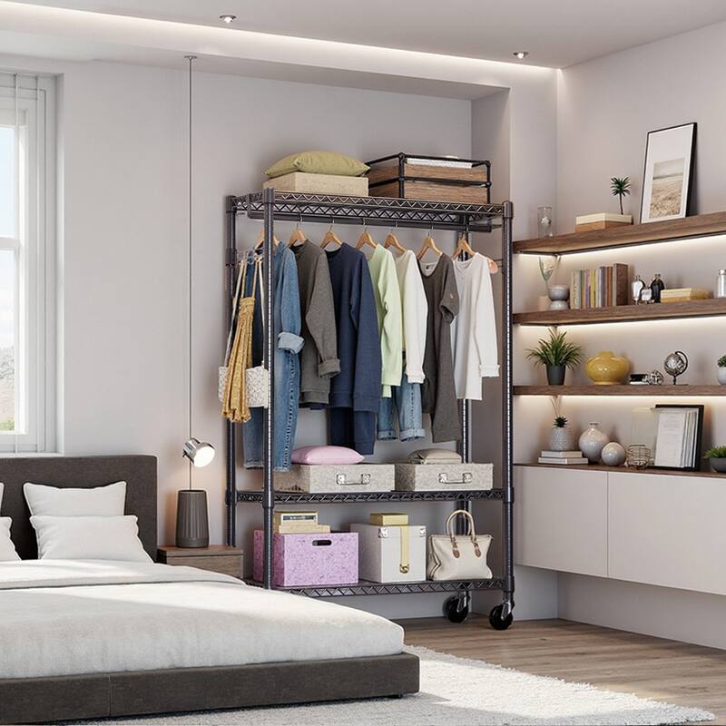 Heavy Duty Rolling Garment Rack 3 Tiers Adjustable Wire Shelving Clothes Rack with 1 Rods and Side Hooks