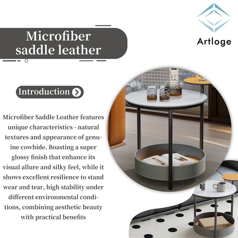 Unique Round Side End Table with 3-Tiers,Sintered Stone-top,Microfiber Saddle Leather Shelves,Accent Bedside Table for Room