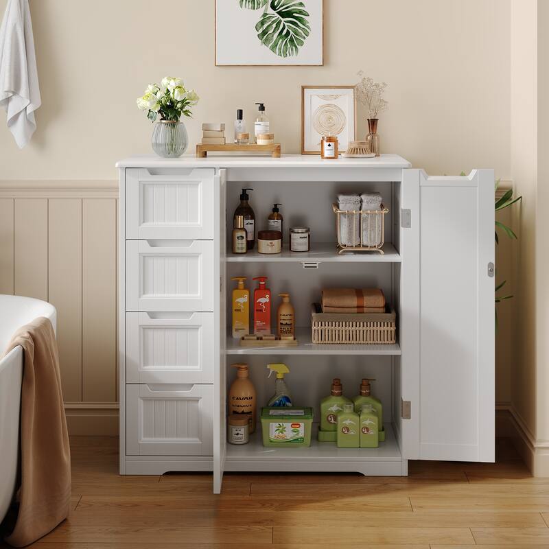 33.5''H Bathroom Floor Cabinet, 31.5''W Kitchen Pantry Storage Cabinet with 4 Drawers & Double Doors