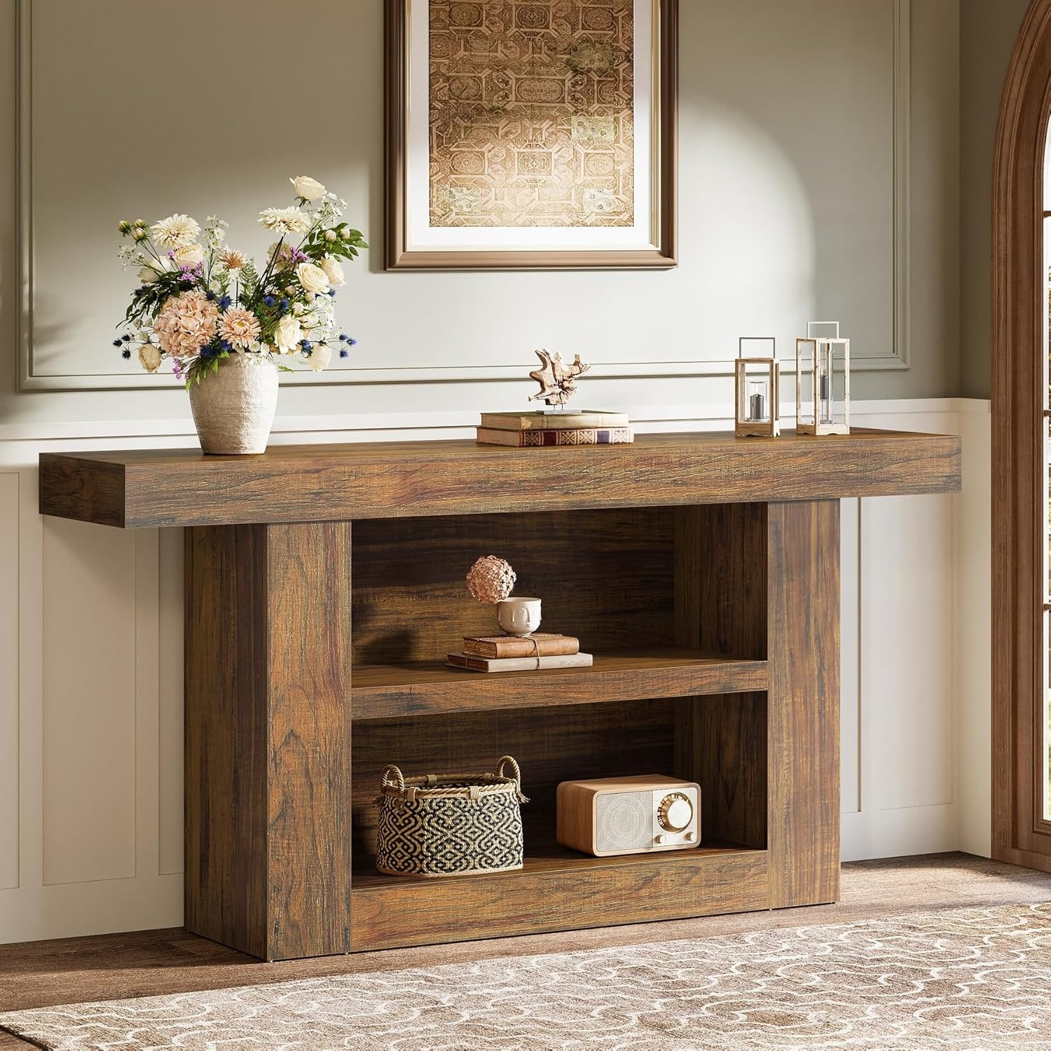 63-Inch Console Table with Storage, 3-Tier Farmhouse Entryway Table, Wooden Sofa Table Behind Couch - 11.8" W x 63" L x 31.5" H