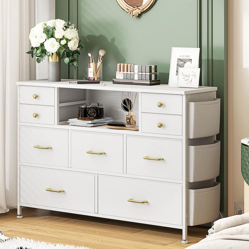 9 Drawer Dresser TV Stand with Power Outlets LED Lights Fabric Chest of Drawers