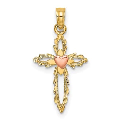 Curata 10k Yellow Gold Cross With Pink Heart Center Cut out Pendant Necklace, 18"