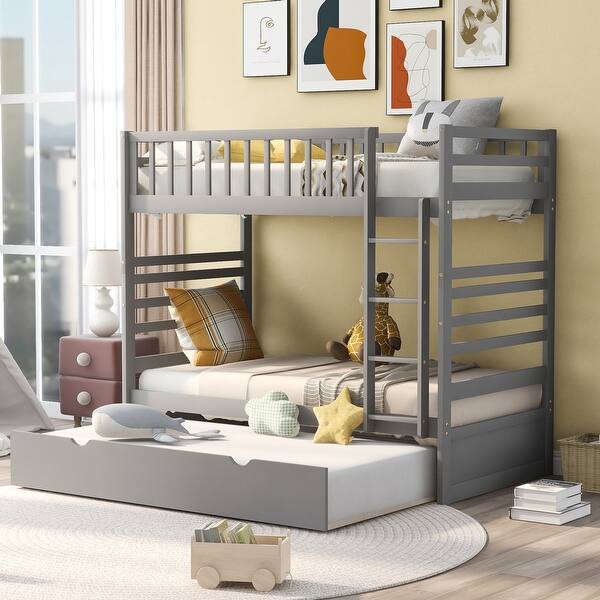 slide 2 of 9, Gray Pine Wood Twin Bunk Beds, Movable Trundle, Guardrails, Ladder, Versatile 2-in-1 Design Gray