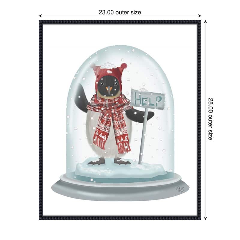 Christmas Penguin Snow Globe by Fab Funky (23 x 28 in.), Framed Canvas Wall Art Print - Sylvie Beaded Black