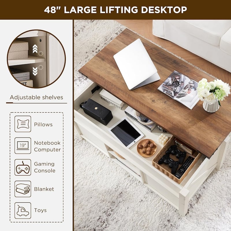Farmhouse Lift Top Coffee Table, Rustic Wood Center Table